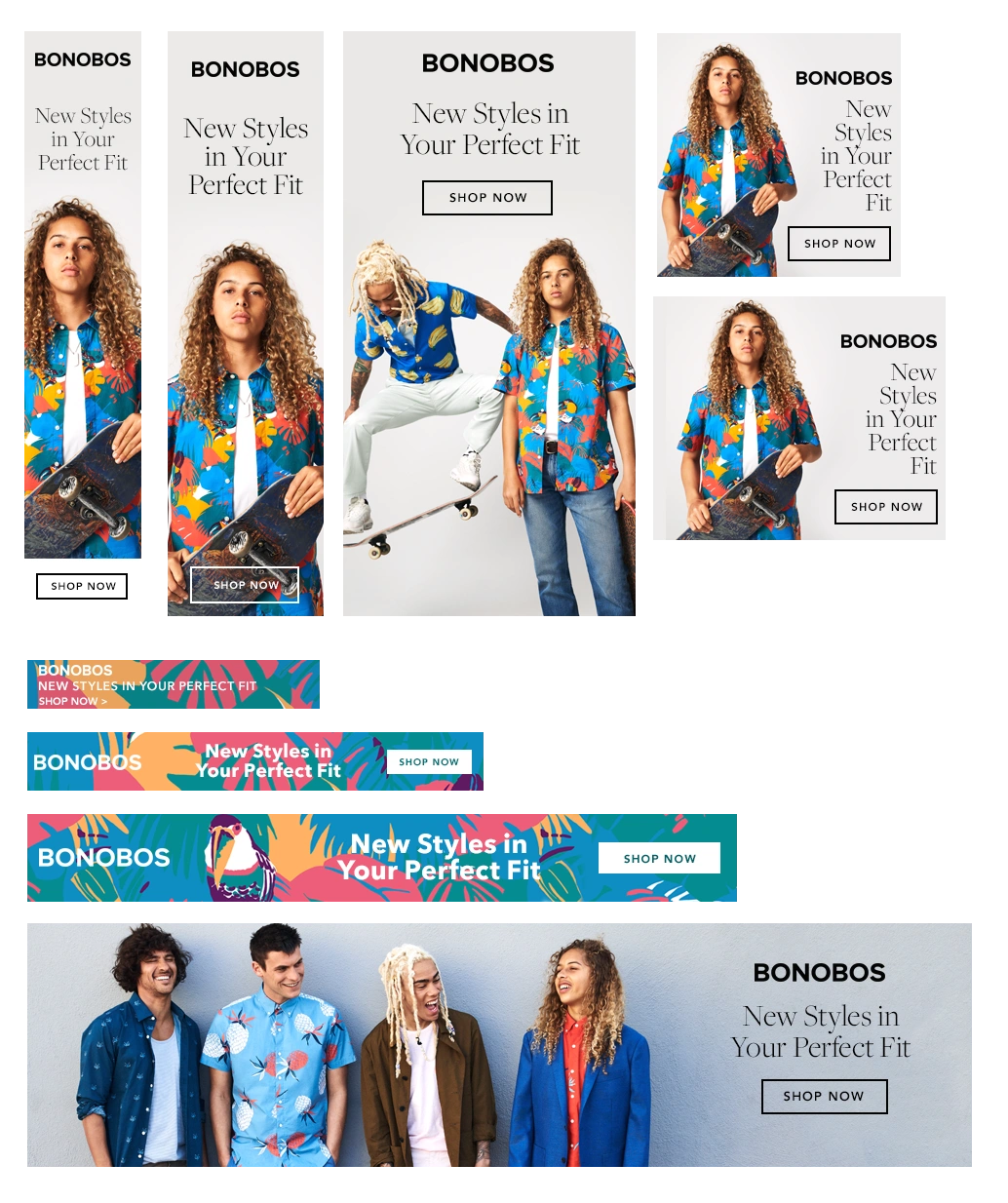One of many sets of Display Ads for Bonobos. This group features photo assets from the Summer 2018 campaign.