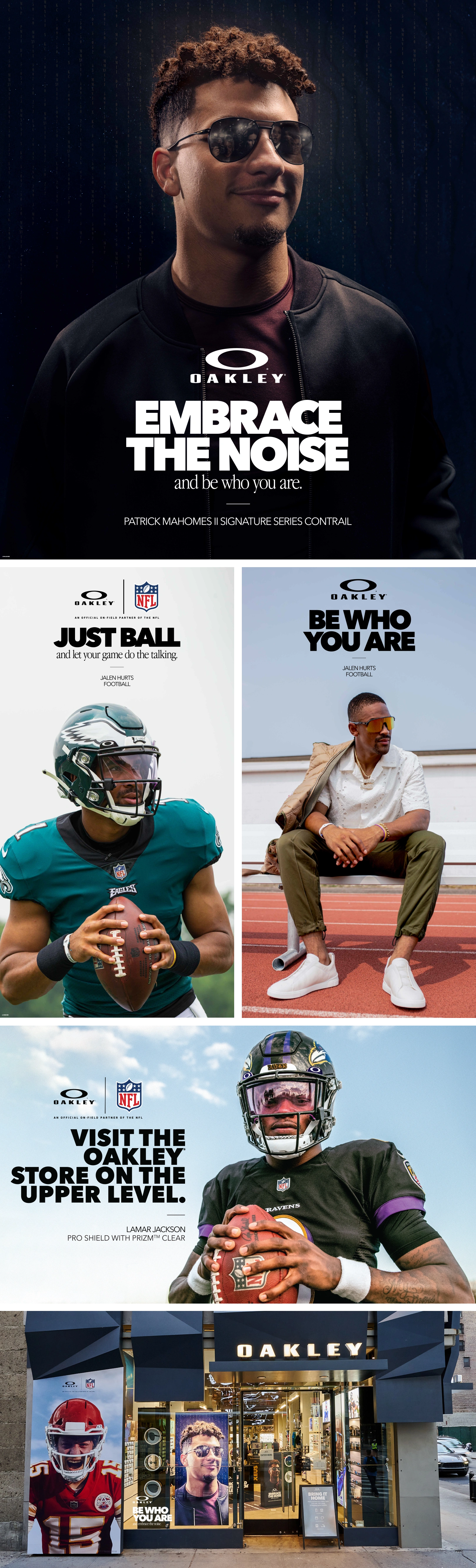 Examples of window and mall signage for Oakley's Fall '21 NFL campaign.