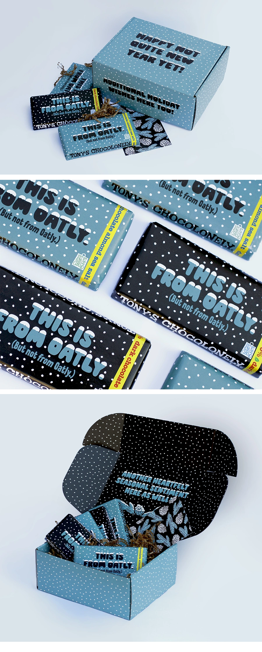 Box, chocolate bar wrappers, and postcard designs for Oatly to send to their team and cafe partners for the 2022 holiday season. Creative direction and photography by Malia Killings, words by Eric Routenberg.