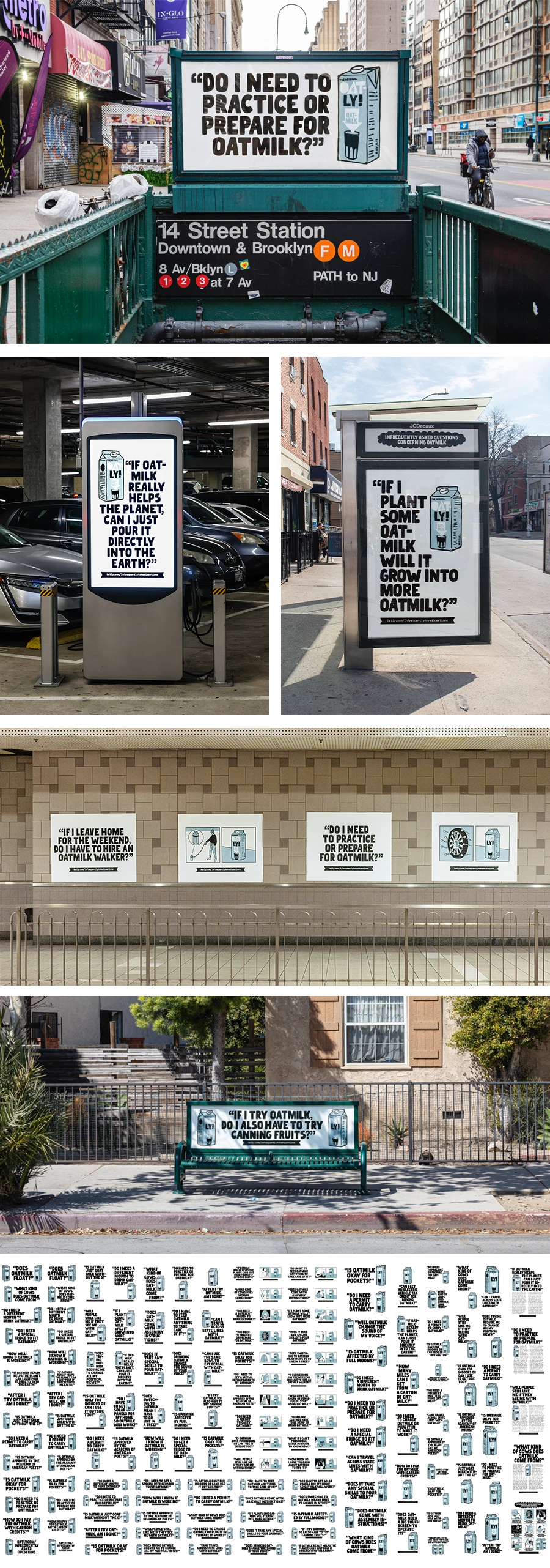 NYC and LA out of home takeover for the Oatly Infrequently Asked Questions campaign. Creative direction by Malia Killings, concept and words by Eric Routenberg, illustrations by Kyle Ellingson, photography courtesy of Oatly.