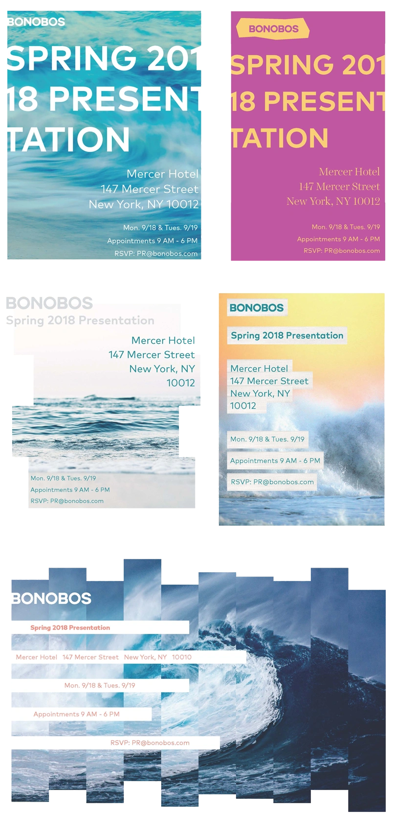 Invitation concepts for a Bonobos PR preview fashion show which offered editors the opportunity to get a glimpse of collection items inspired by Bondi Beach and a refined play on skate & surf culture.