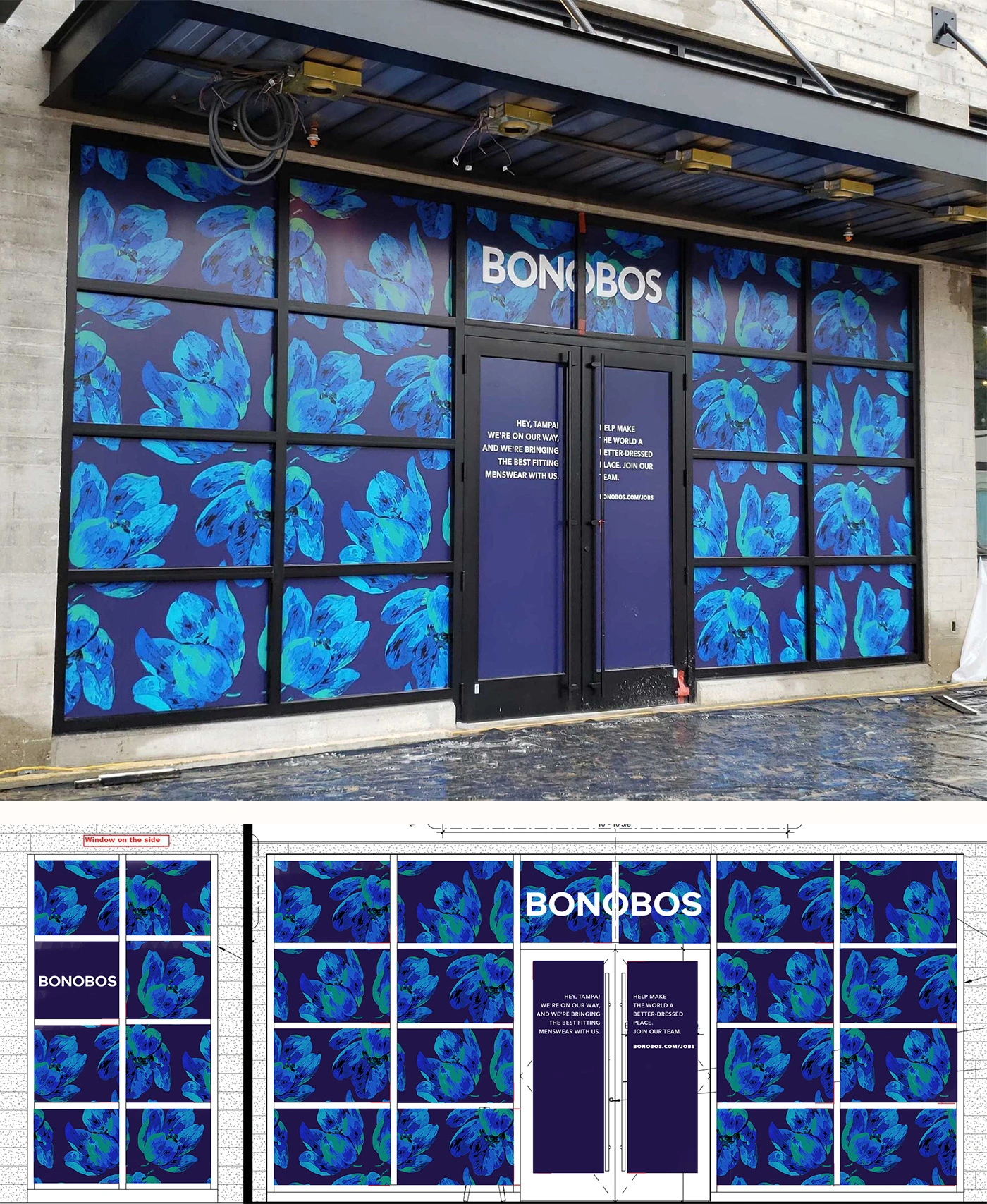 Storefront window decals for an under construction Bonobos Tampa storefront, featuring one the brand's 2018 shirt prints. Adapted floral print art originally done by the incredibly talented Kim Dalton.