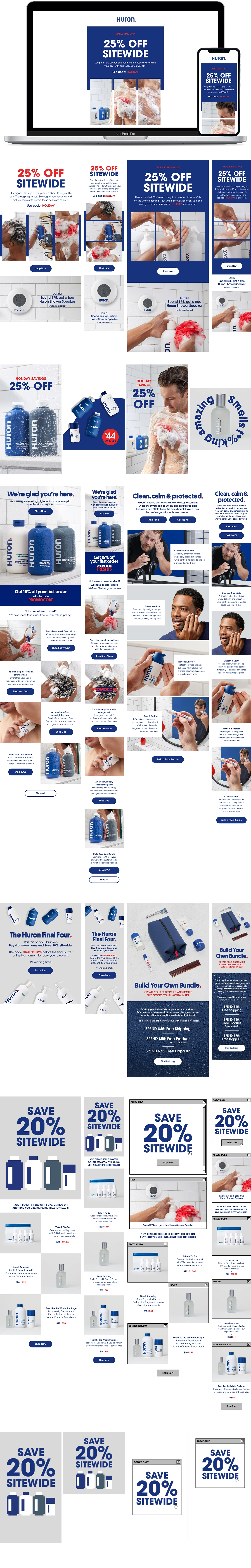 A small selection of email and social creative for Huron, including Welcome Series sends and Black Friday & Cyber Monday messaging.